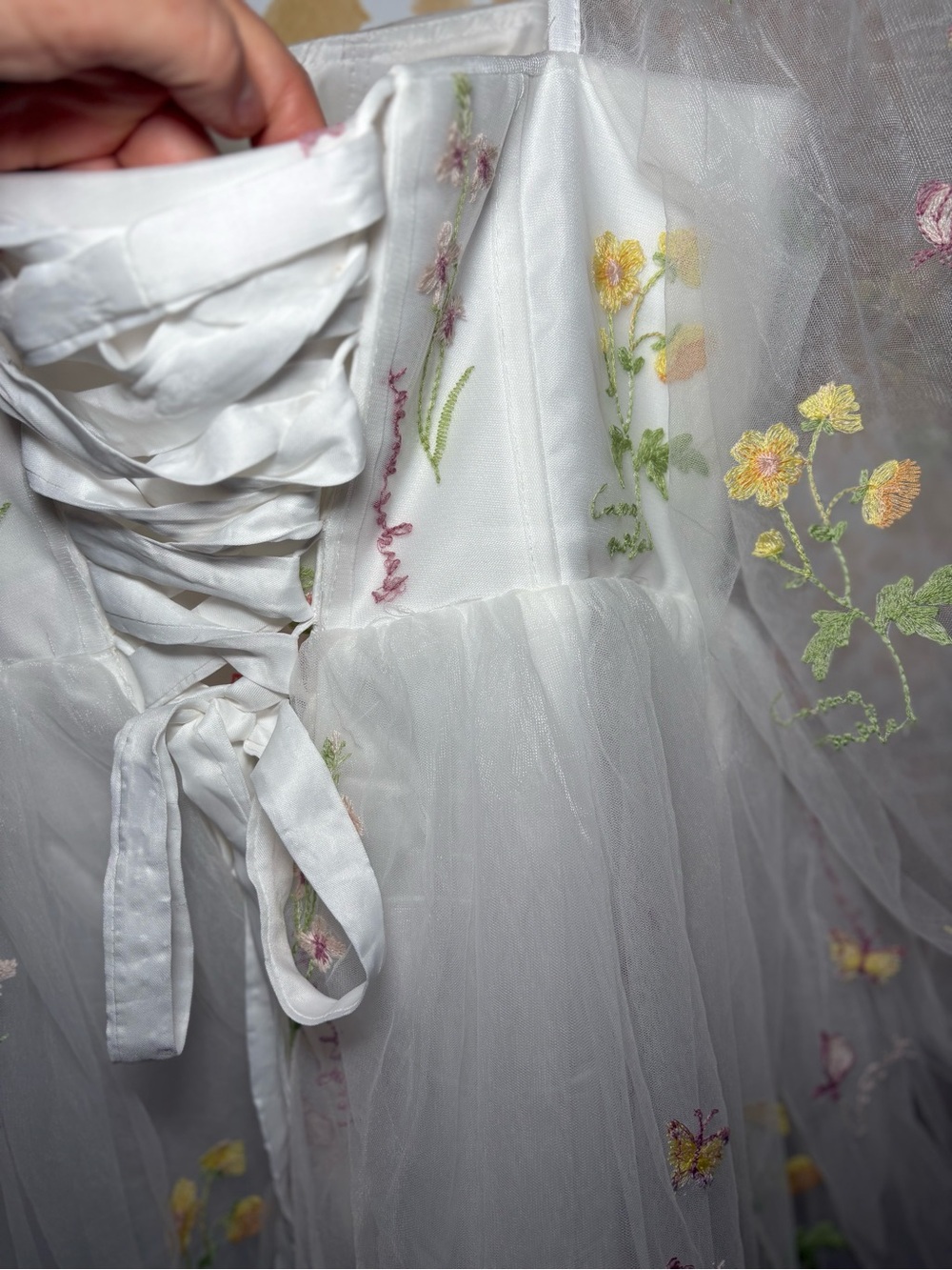 Floral Embroidered Tulle Midi Dress Romantic Cottagecore Wedding Guest Fairycore - Picture 8 of 8